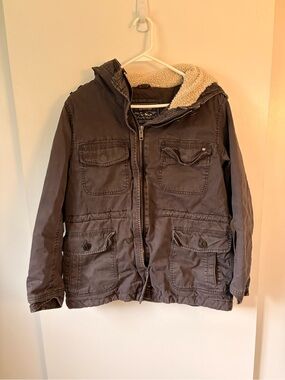 American Eagle Outfitters Jacket Womens L Sherpa Hood Utility Pockets Gray